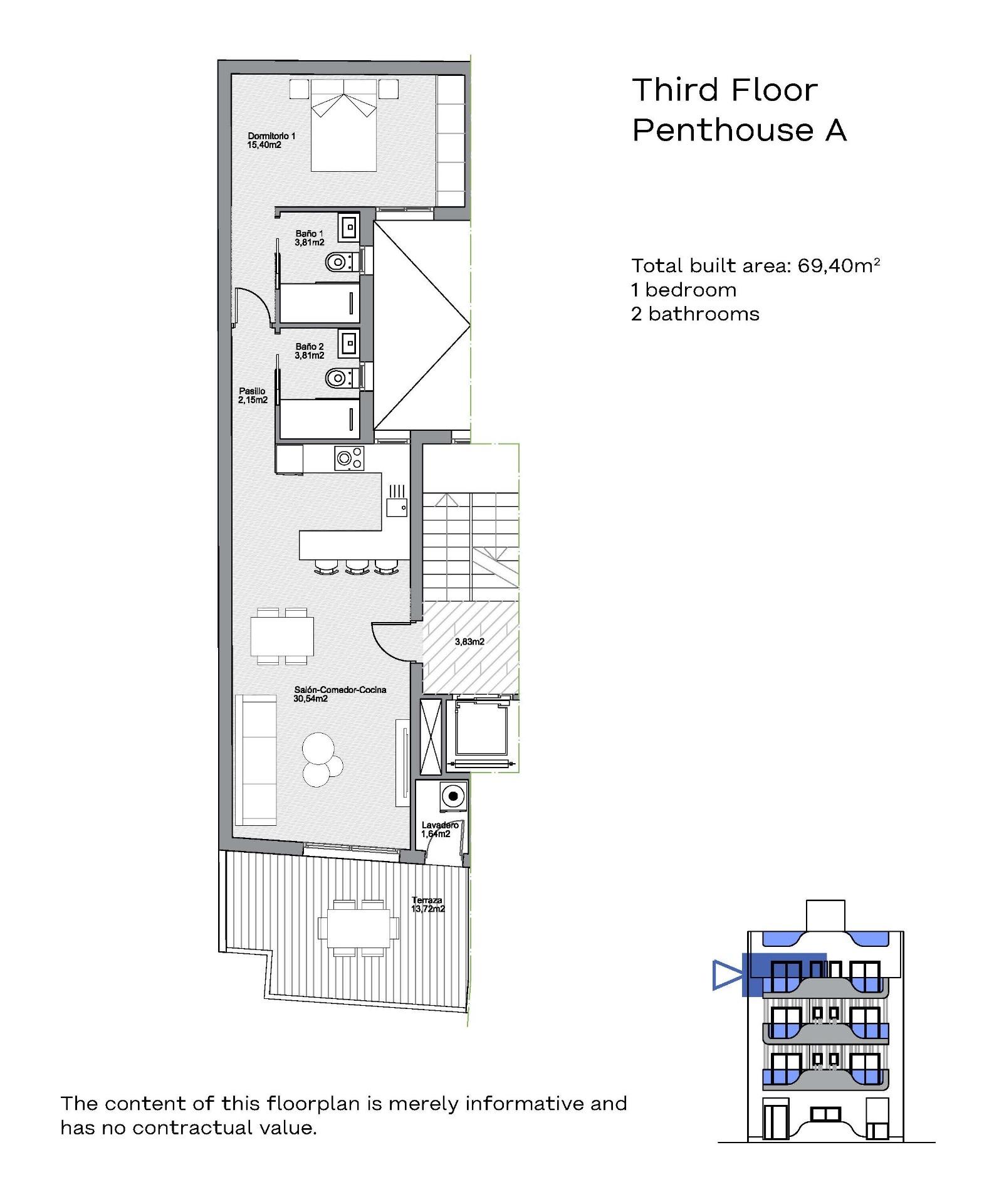 For sale - 1 Bedroom 2 Bathroom Penthouse in Torrevieja - Centro  - Alicante