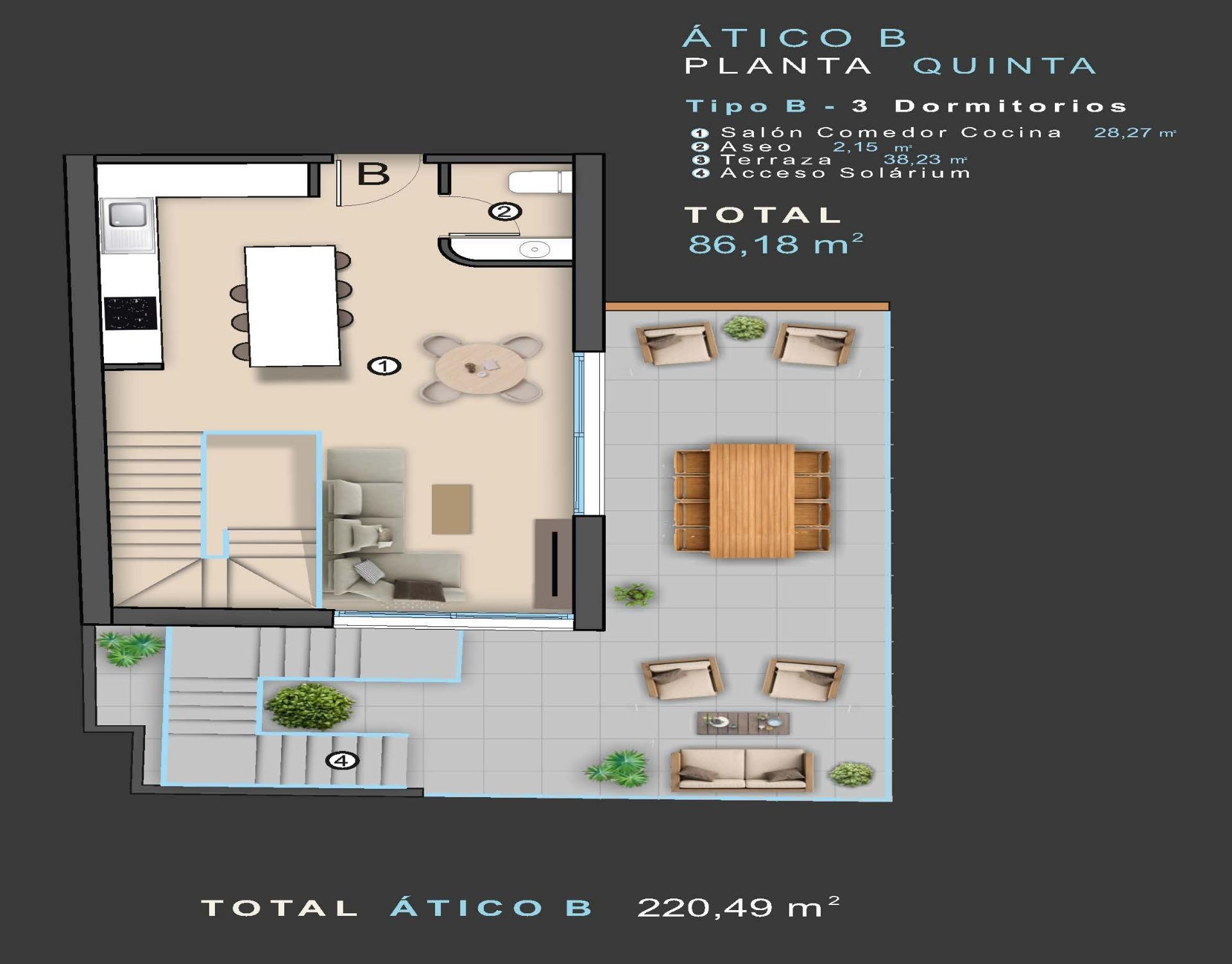 For sale - 3 Bedroom 2 Bathroom Penthouse in Torrevieja - Centro  - Alicante